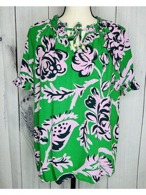 Philosophy Republic Clothing Green Pink Floral Peasant Blouse Top Womens Sz L